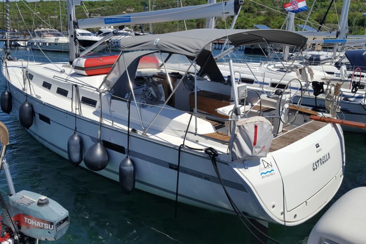 Exterior view of Estrella, a Bavaria Cruiser 45 sailboat at Punat, Croatia