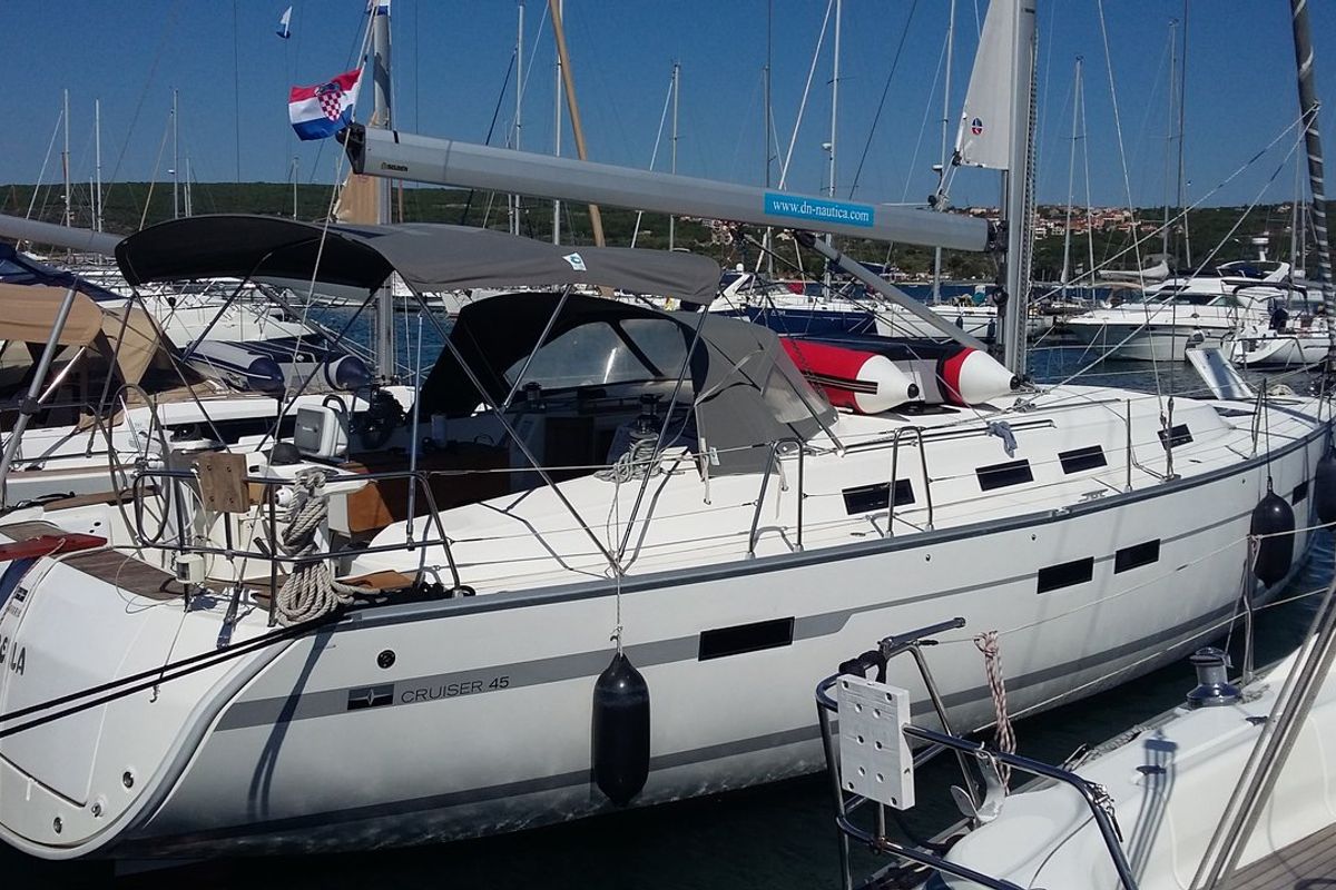 Exterior view of Estrella, a Bavaria Cruiser 45 sailboat at Punat, Croatia