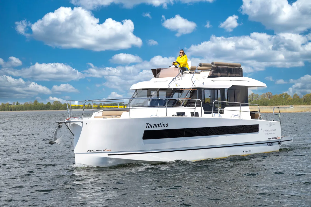 Exterior view of Tarantino, a Northman 1200 motorboat at Sztynort, Poland