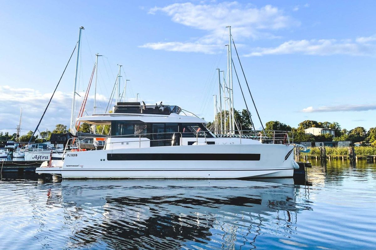 Exterior view of Tarantino, a Northman 1200 motorboat at Sztynort, Poland
