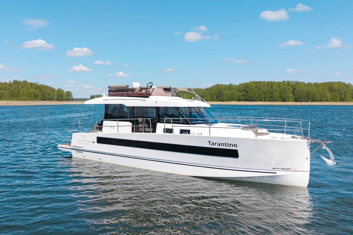 Exterior view of Tarantino, a Northman 1200 motorboat at Sztynort, Poland