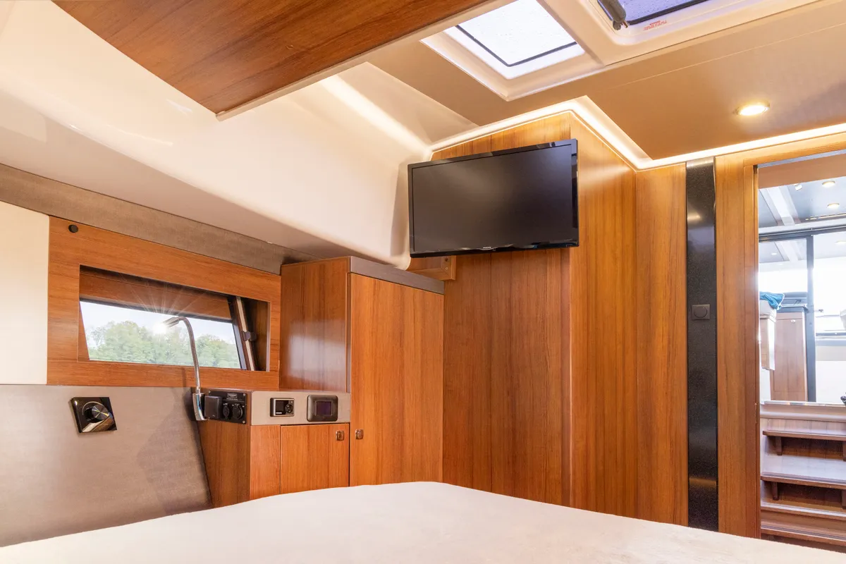 Cabin on Tarantino, a Northman 1200 motorboat at Sztynort, Poland