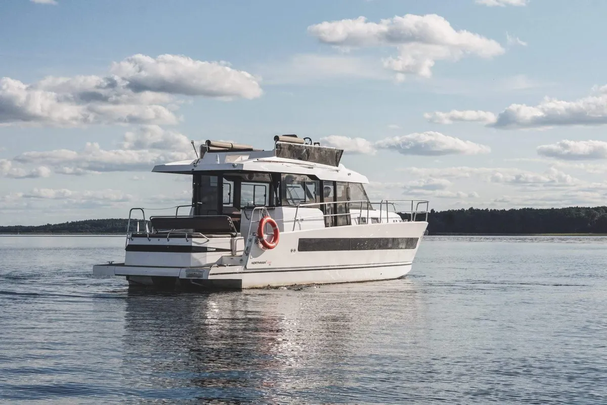 Exterior view of Tarantino, a Northman 1200 motorboat at Sztynort, Poland