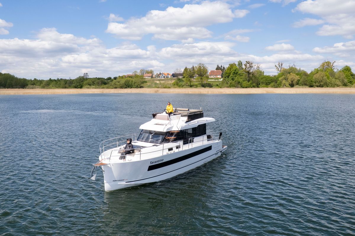Exterior view of Tarantino, a Northman 1200 motorboat at Sztynort, Poland