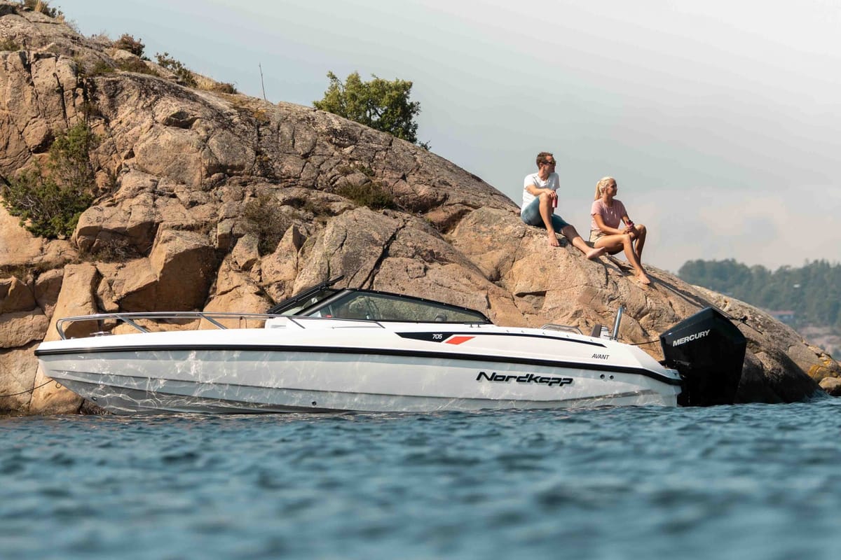 Exterior view of Iris, a Nordkapp Avant 705 motorboat at Alyki, Greece