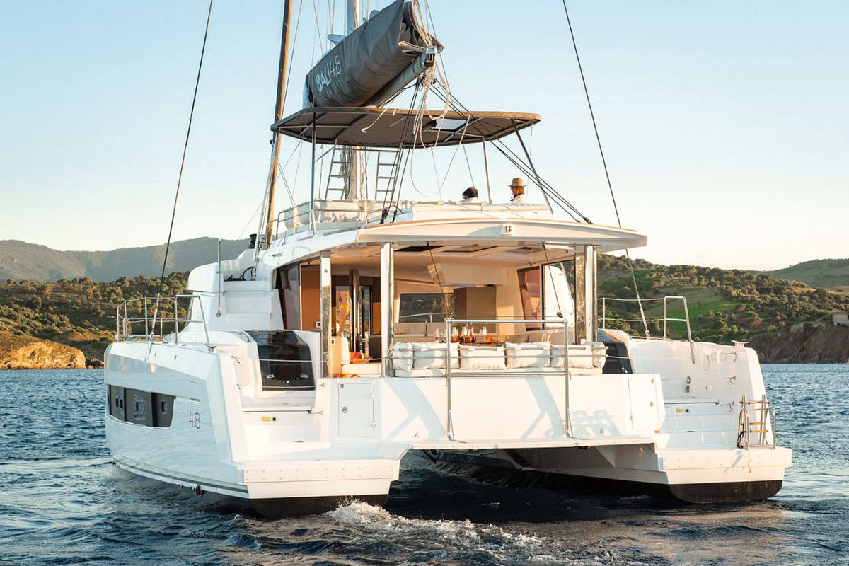 Exterior view of Luna, a Bali 4.8 catamaran at Marmaris, Turkey