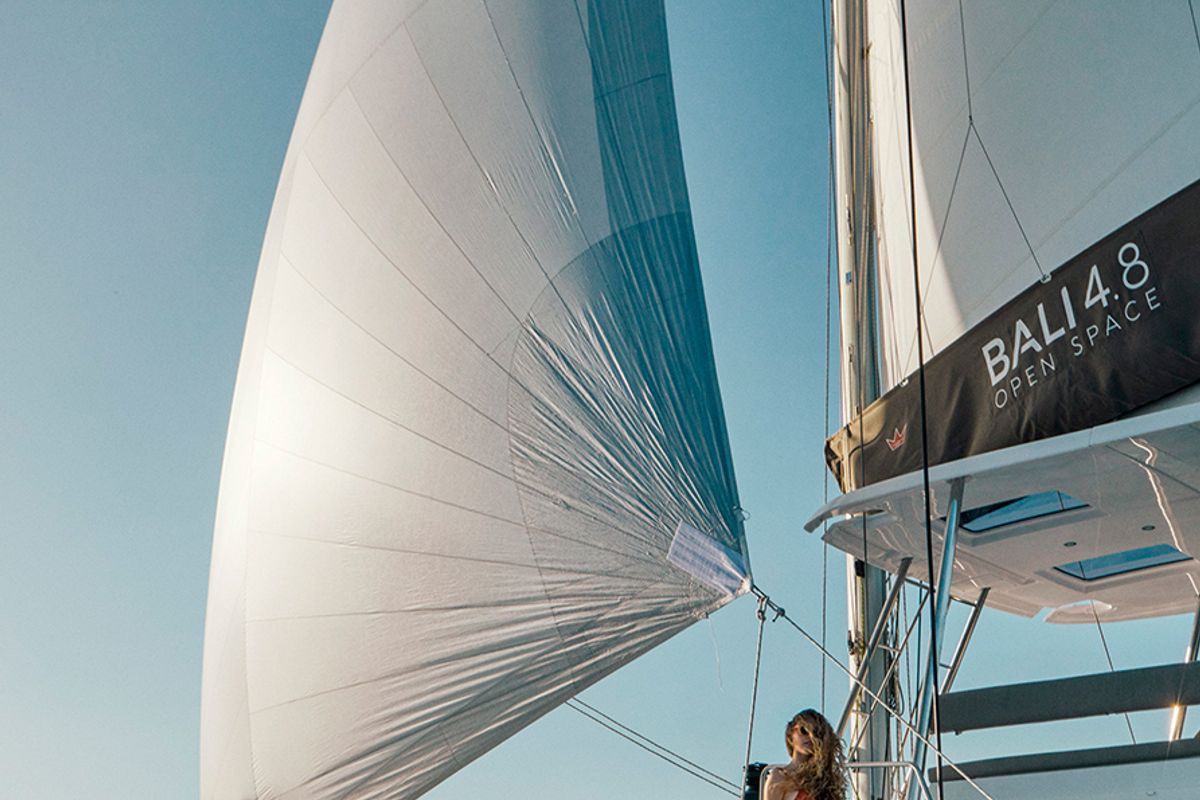 Exterior view of Luna, a Bali 4.8 catamaran at Marmaris, Turkey