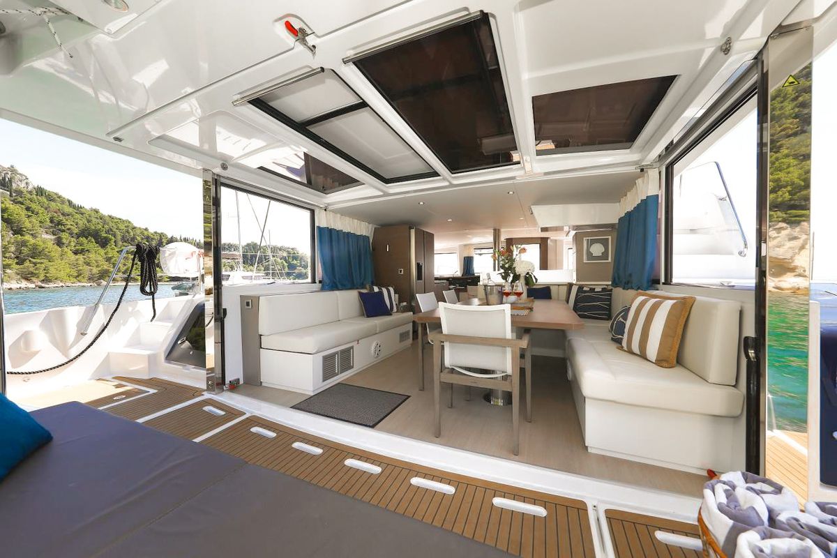Salon of Luna, a Bali 4.8 catamaran at Marmaris, Turkey