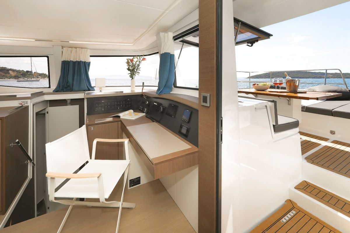 Salon of Luna, a Bali 4.8 catamaran at Marmaris, Turkey