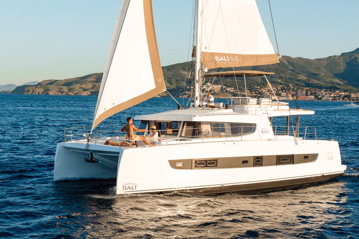 Exterior view of Luna, a Bali 4.8 catamaran at Marmaris, Turkey