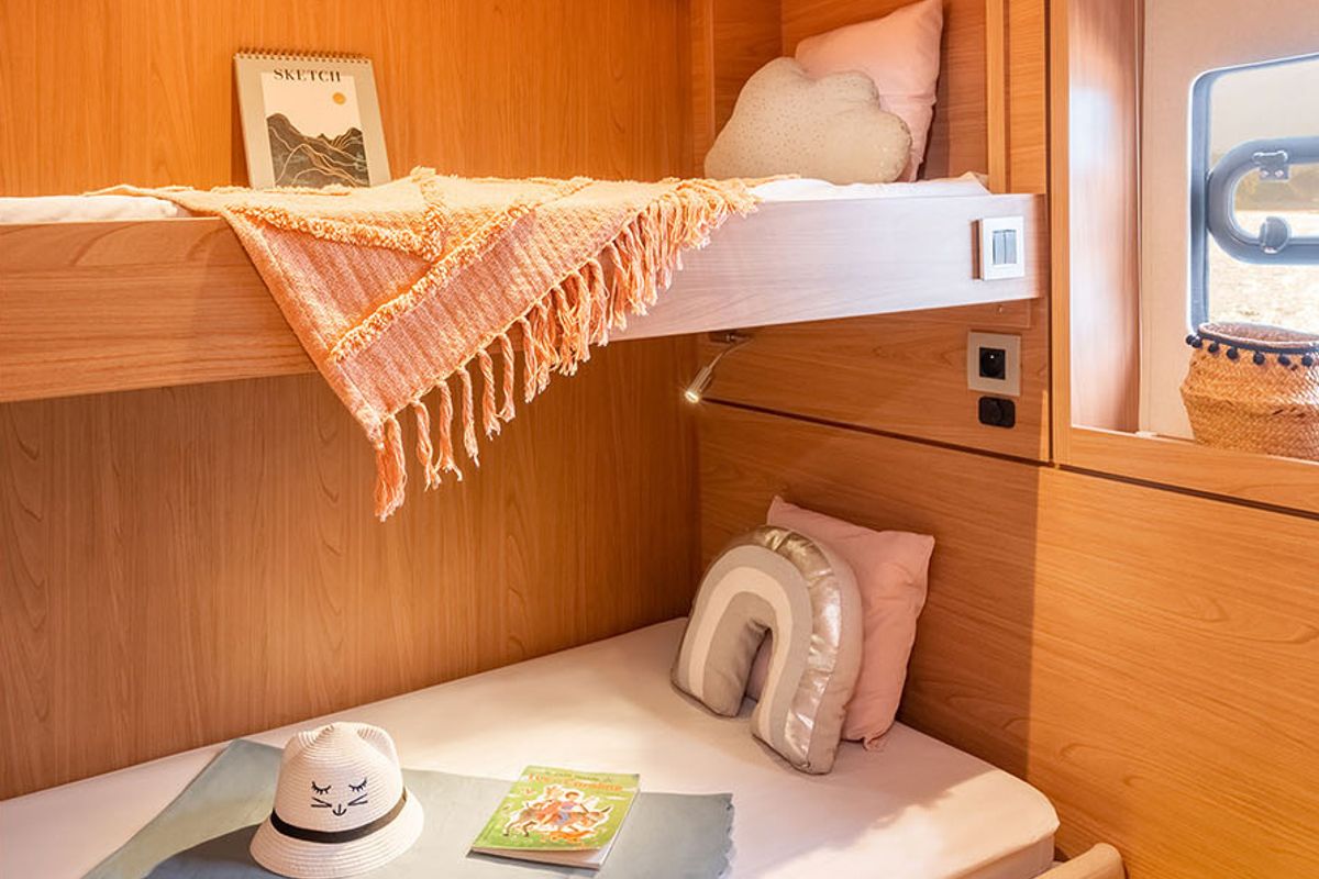 Cabin on Luna, a Bali 4.8 catamaran at Marmaris, Turkey