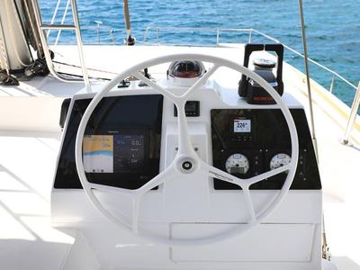 Cockpit of Luna, a Bali 4.8 catamaran at Marmaris, Turkey