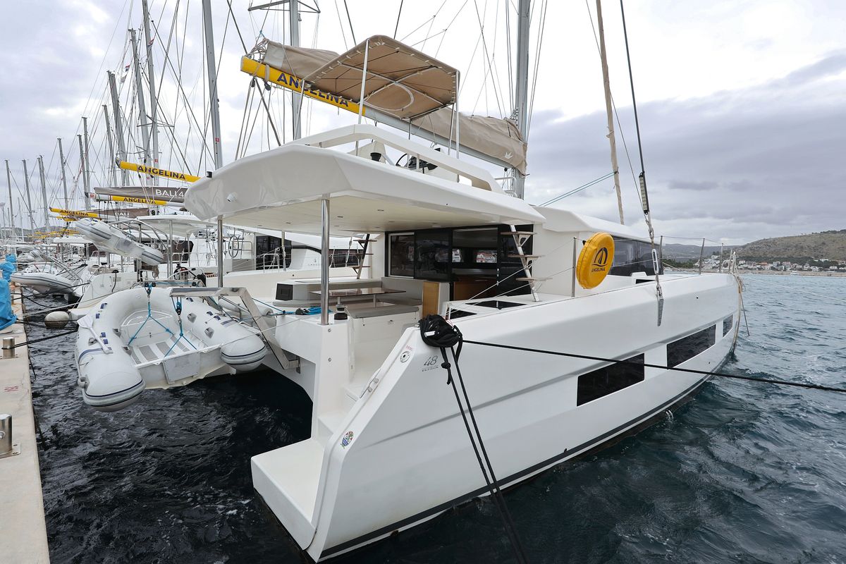 Exterior view of Believe, a Dufour 48 Catamaran catamaran at Grad Vodice, Croatia