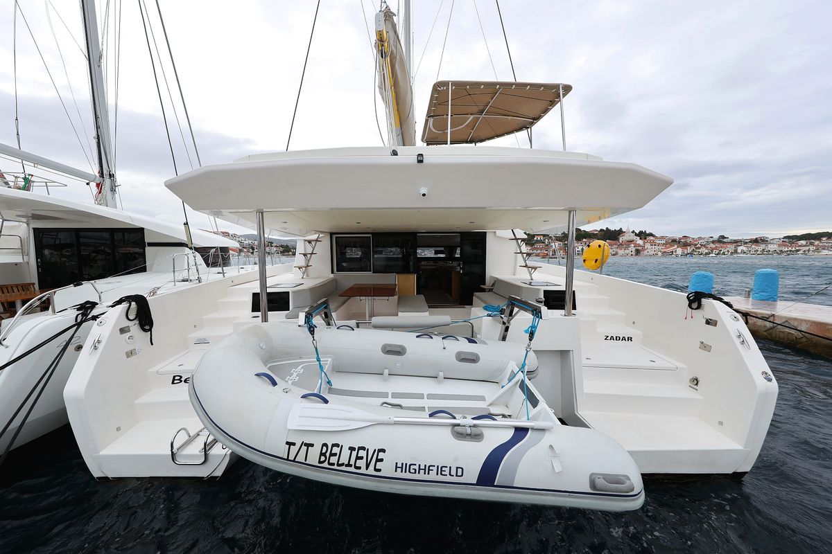Exterior view of Believe, a Dufour 48 Catamaran catamaran at Grad Vodice, Croatia