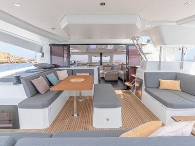 Deck of Nina, a Fountaine Pajot Elba 45 catamaran at Marseille, France