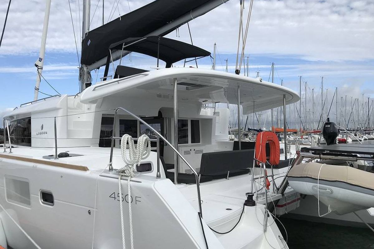 Exterior view of Zil Seashell, a Lagoon 450 F catamaran at Seychelles, Mahe, Seychelles