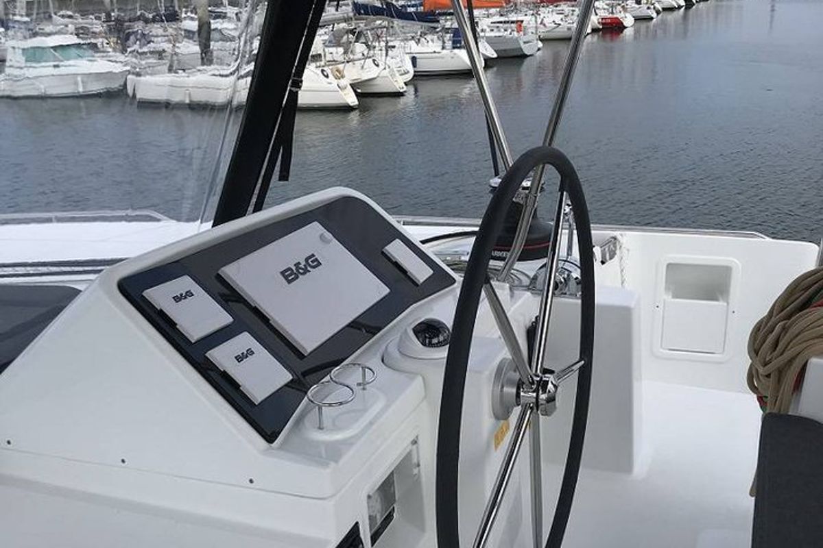 Cockpit of Zil Seashell, a Lagoon 450 F catamaran at Seychelles, Mahe, Seychelles
