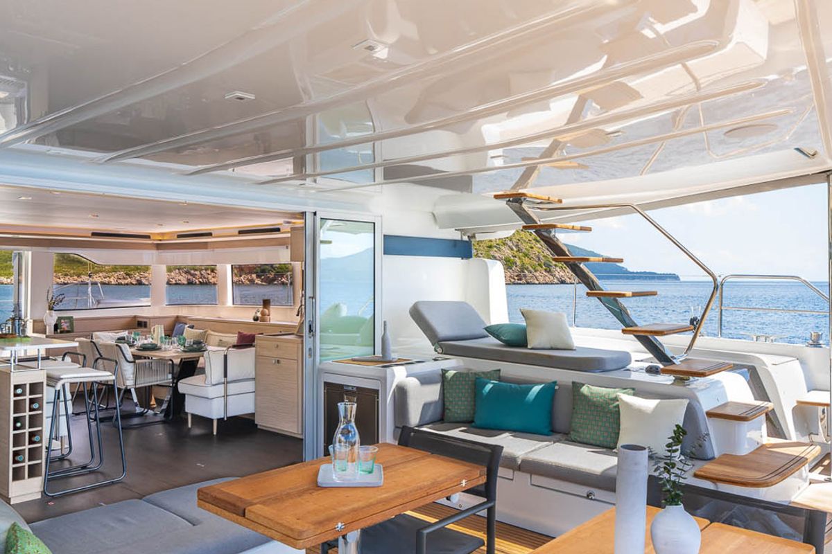 Deck of Sofia, a Lagoon 60 catamaran at Olbia, Italy