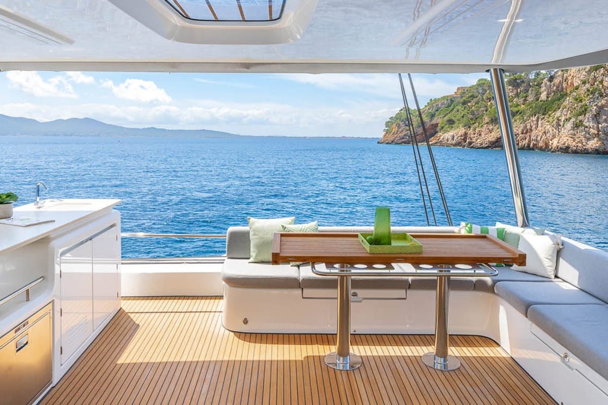 Deck of Sofia, a Lagoon 60 catamaran at Olbia, Italy