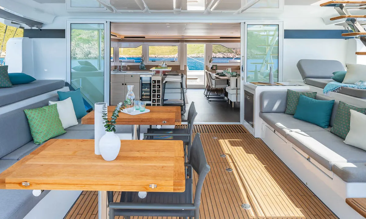 Deck of Sofia, a Lagoon 60 catamaran at Olbia, Italy