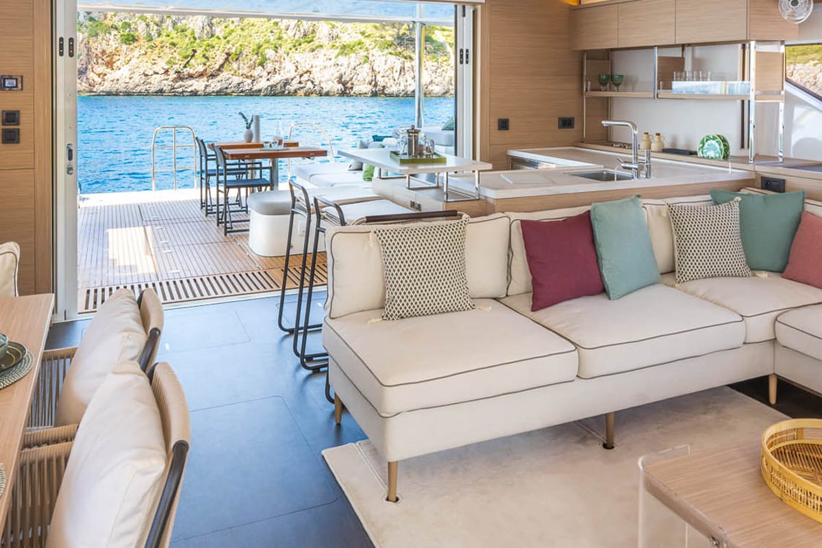 Salon of Sofia, a Lagoon 60 catamaran at Olbia, Italy