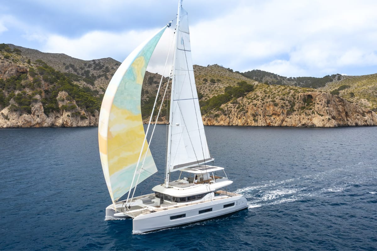 Exterior view of Sofia, a Lagoon 60 catamaran at Olbia, Italy