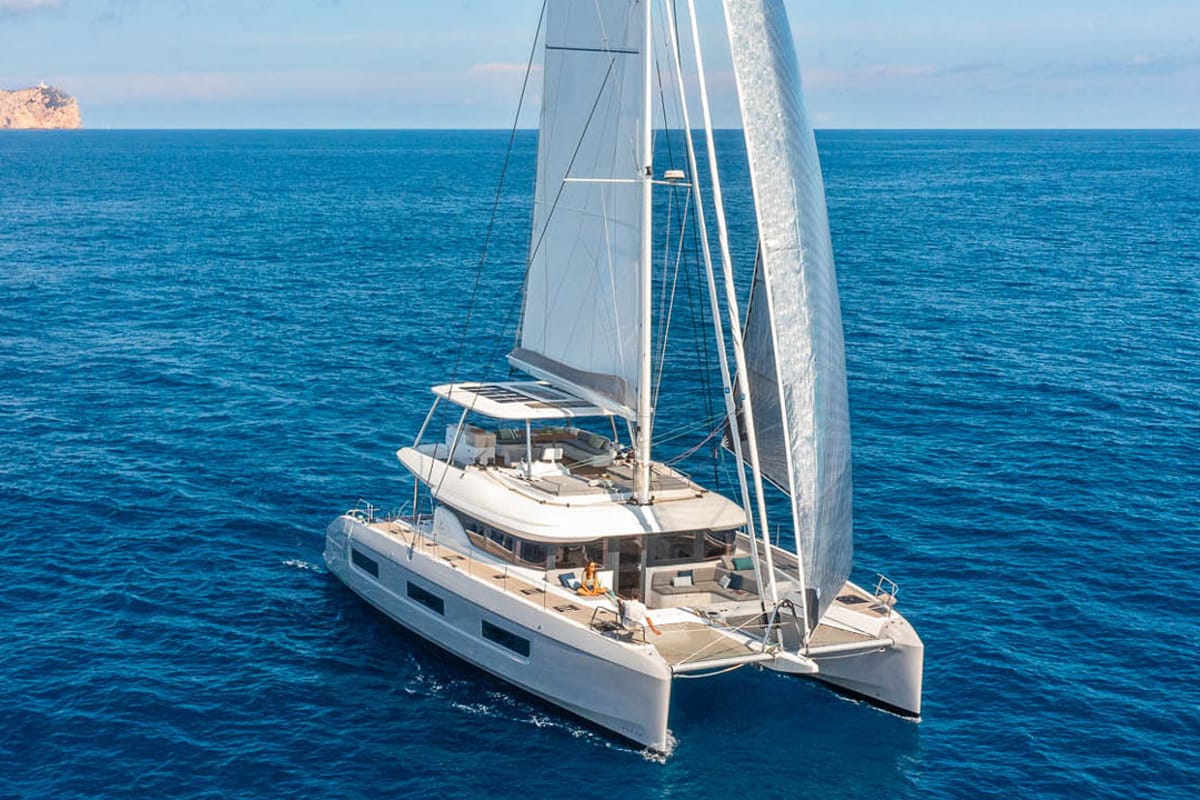 Exterior view of Sofia, a Lagoon 60 catamaran at Olbia, Italy