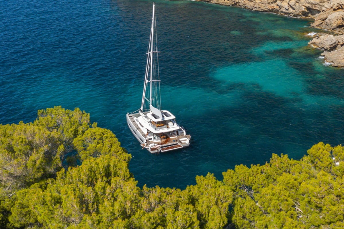 Exterior view of Sofia, a Lagoon 60 catamaran at Olbia, Italy