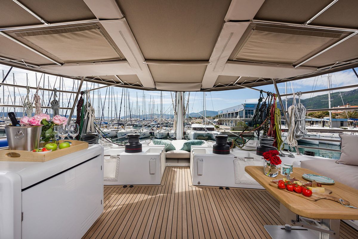 Cockpit of Opal, a Lagoon 620 catamaran at Split, Croatia