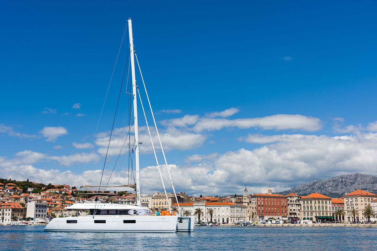 Exterior view of Opal, a Lagoon 620 catamaran at Split, Croatia