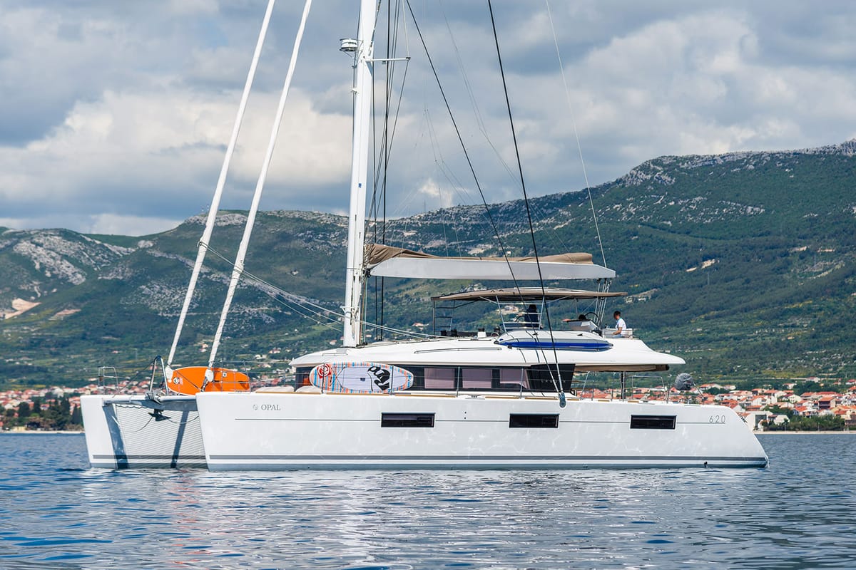 Exterior view of Opal, a Lagoon 620 catamaran at Split, Croatia