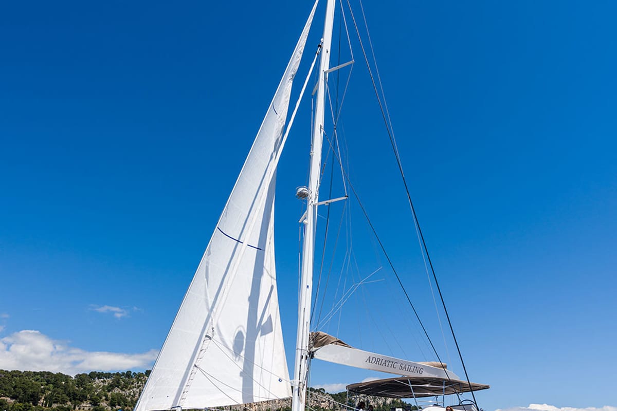 Exterior view of Opal, a Lagoon 620 catamaran at Split, Croatia