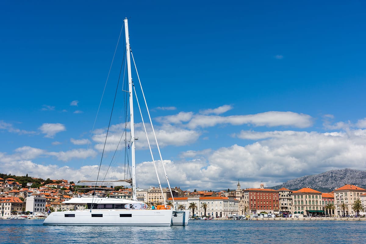 Deck of Opal, a Lagoon 620 catamaran at Split, Croatia