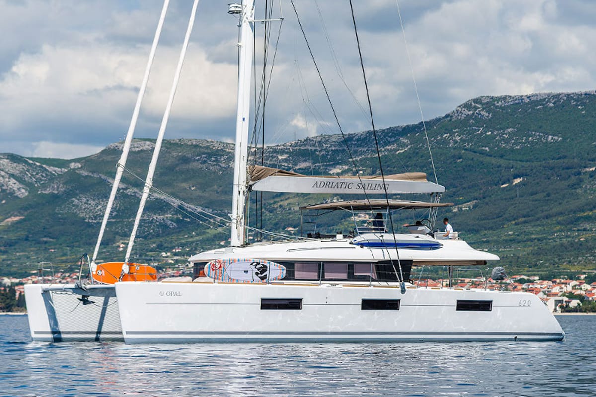 Exterior view of Opal, a Lagoon 620 catamaran at Split, Croatia