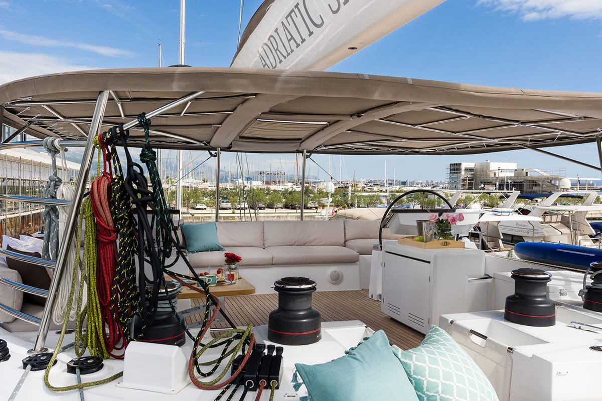 Deck of Opal, a Lagoon 620 catamaran at Split, Croatia