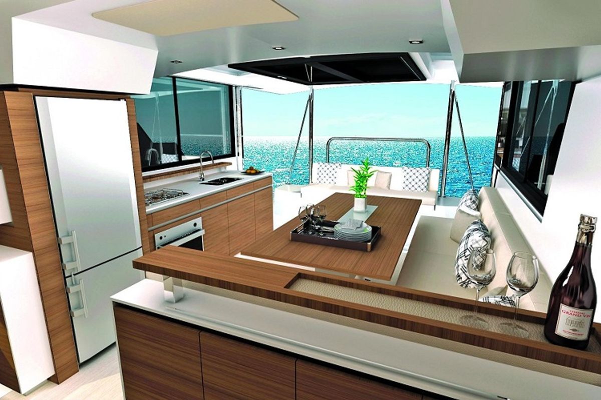 Galley of Double Four, a Bali Catspace catamaran at Kalkara, Malta