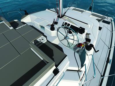 Cockpit of Double Four, a Bali Catspace catamaran at Kalkara, Malta