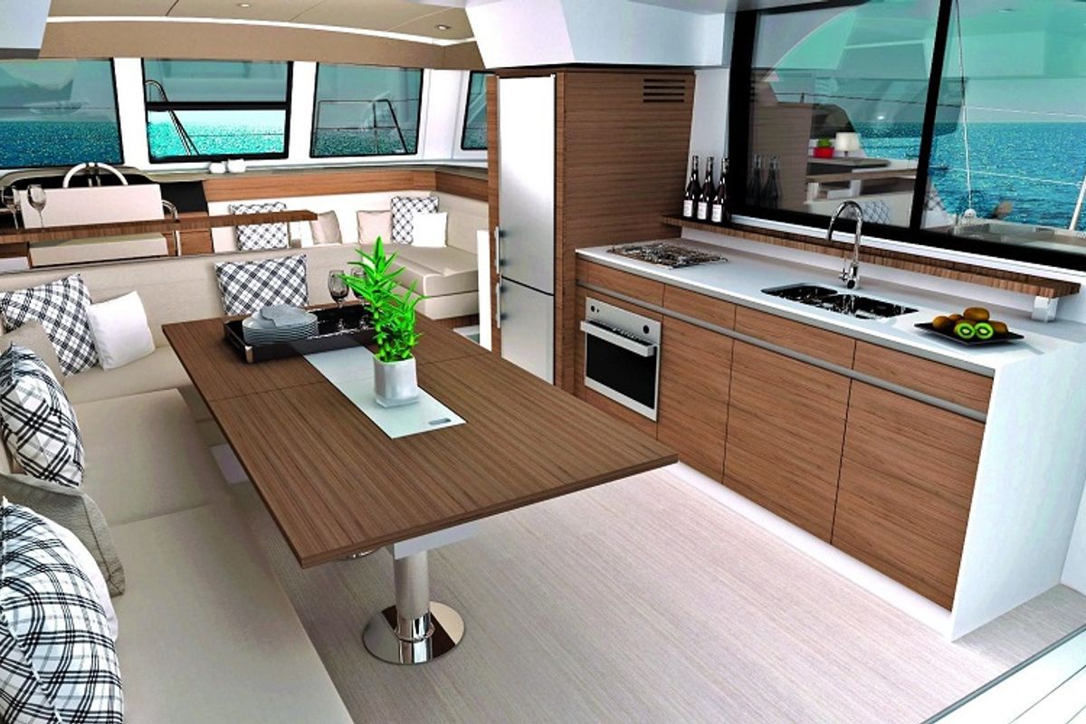 Galley of Double Four, a Bali Catspace catamaran at Kalkara, Malta