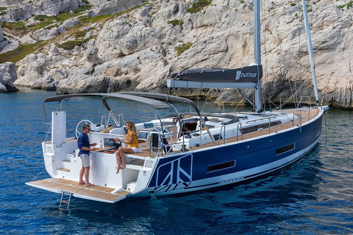Exterior view of Sofia, a Dufour 530 sailboat at Kos, Greece