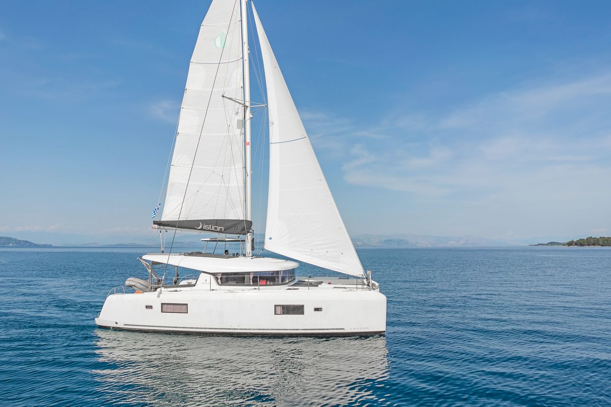 Exterior view of Equilibrium, a Lagoon 42 catamaran at Gouvia, Greece