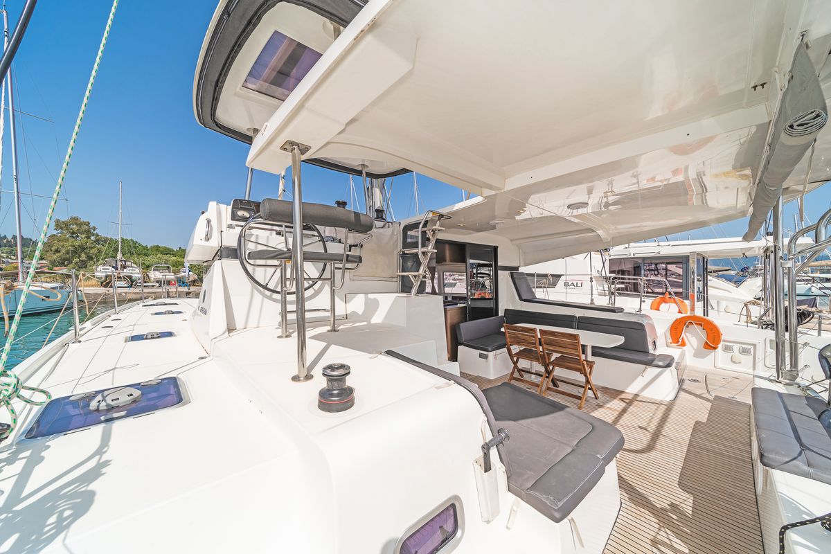 Deck of Equilibrium, a Lagoon 42 catamaran at Gouvia, Greece