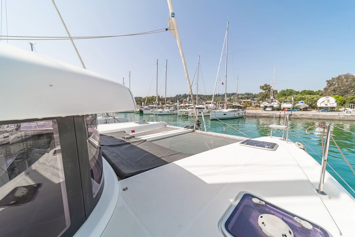 Deck of Equilibrium, a Lagoon 42 catamaran at Gouvia, Greece