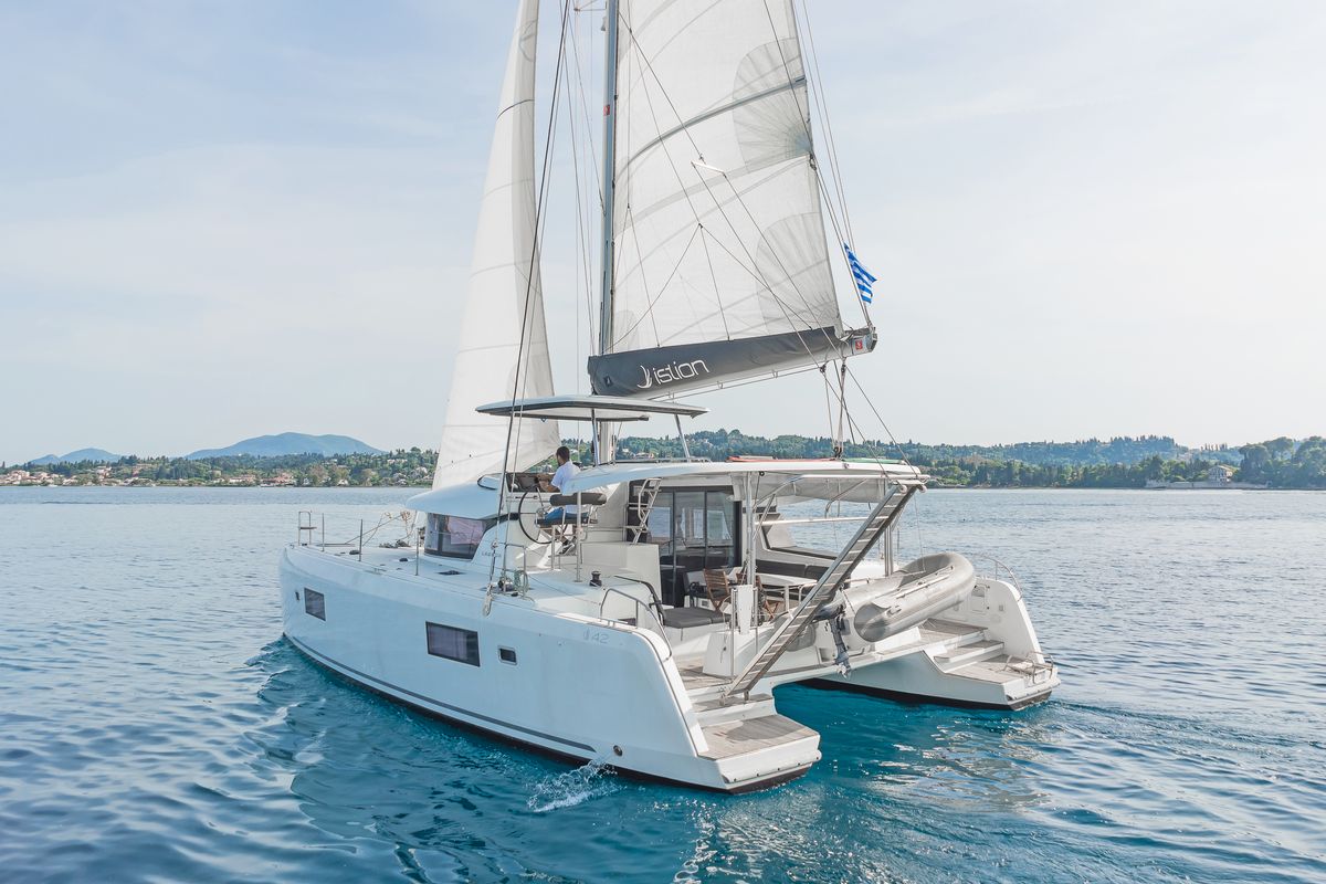 Exterior view of Equilibrium, a Lagoon 42 catamaran at Gouvia, Greece