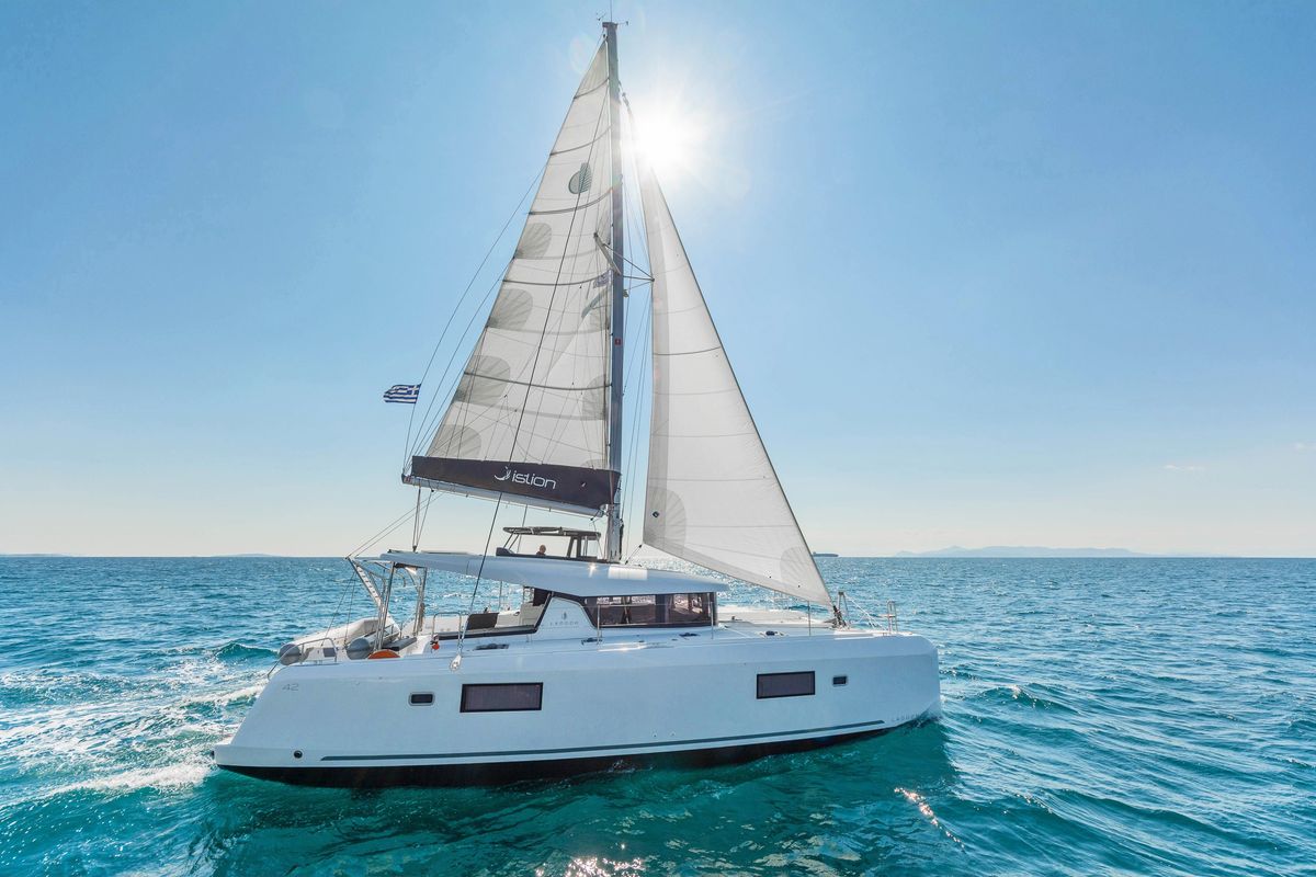 Exterior view of Equilibrium, a Lagoon 42 catamaran at Gouvia, Greece