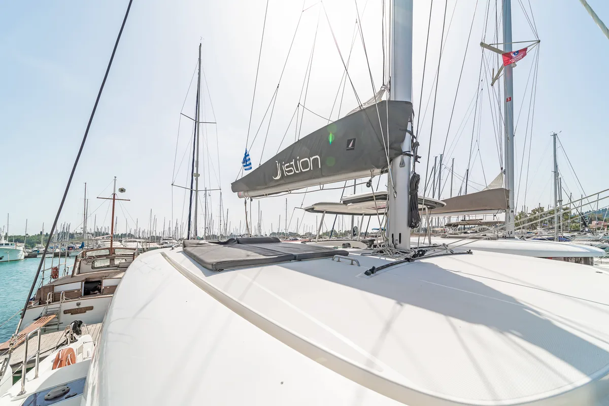 Deck of Equilibrium, a Lagoon 42 catamaran at Gouvia, Greece
