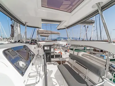 Cockpit of Equilibrium, a Lagoon 42 catamaran at Gouvia, Greece
