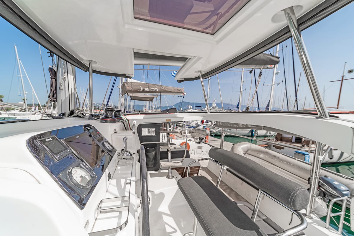 Cockpit of Equilibrium, a Lagoon 42 catamaran at Gouvia, Greece