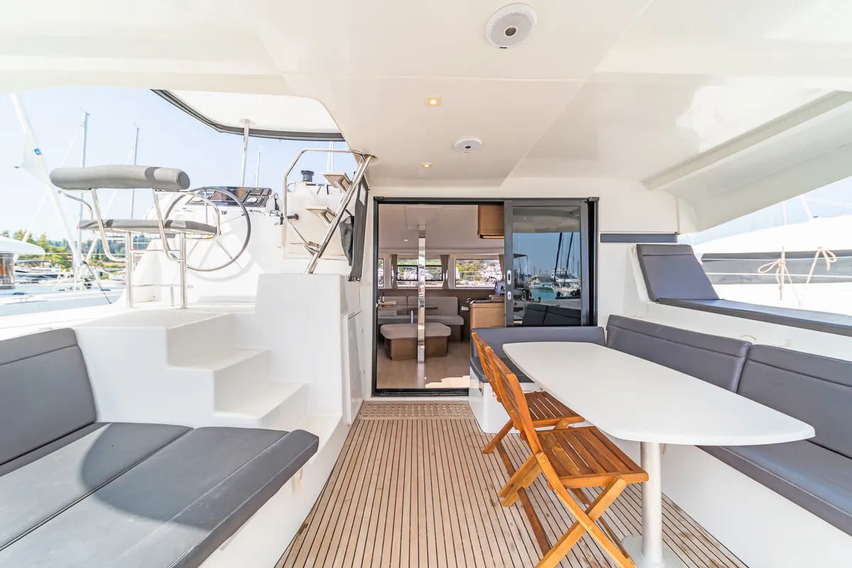 Deck of Equilibrium, a Lagoon 42 catamaran at Gouvia, Greece