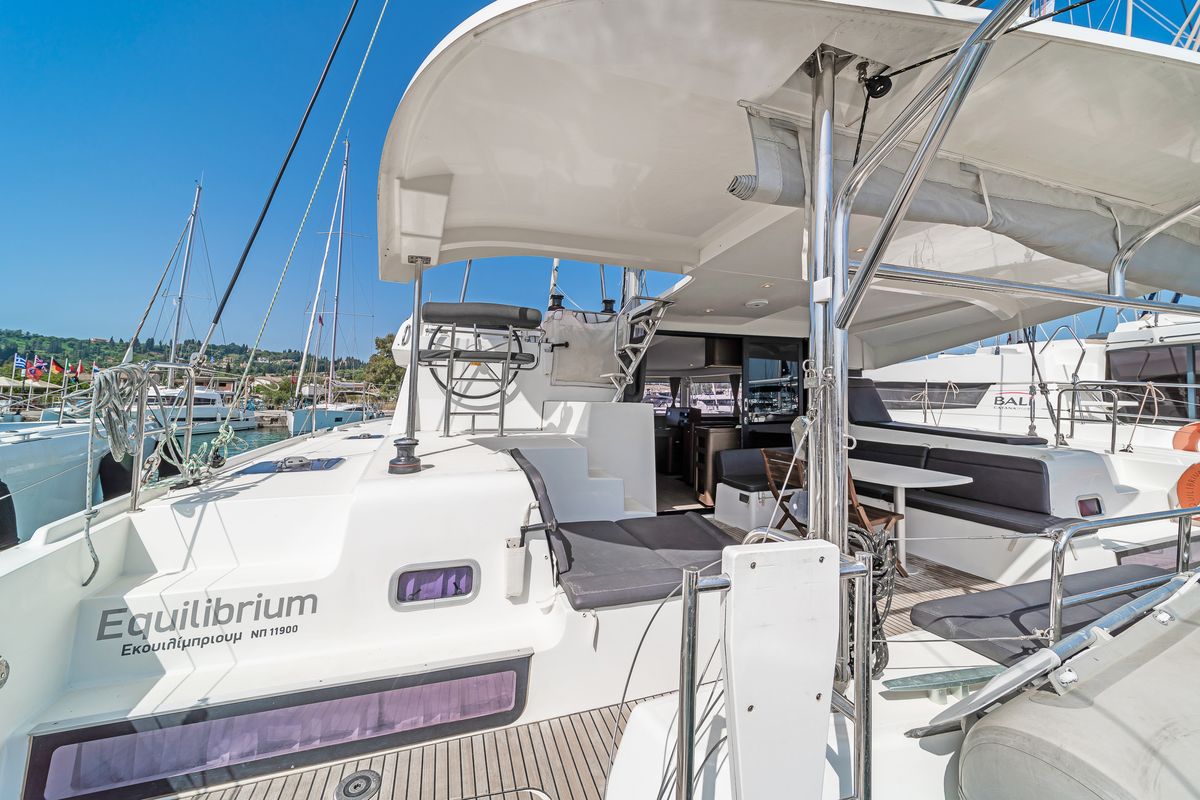 Deck of Equilibrium, a Lagoon 42 catamaran at Gouvia, Greece