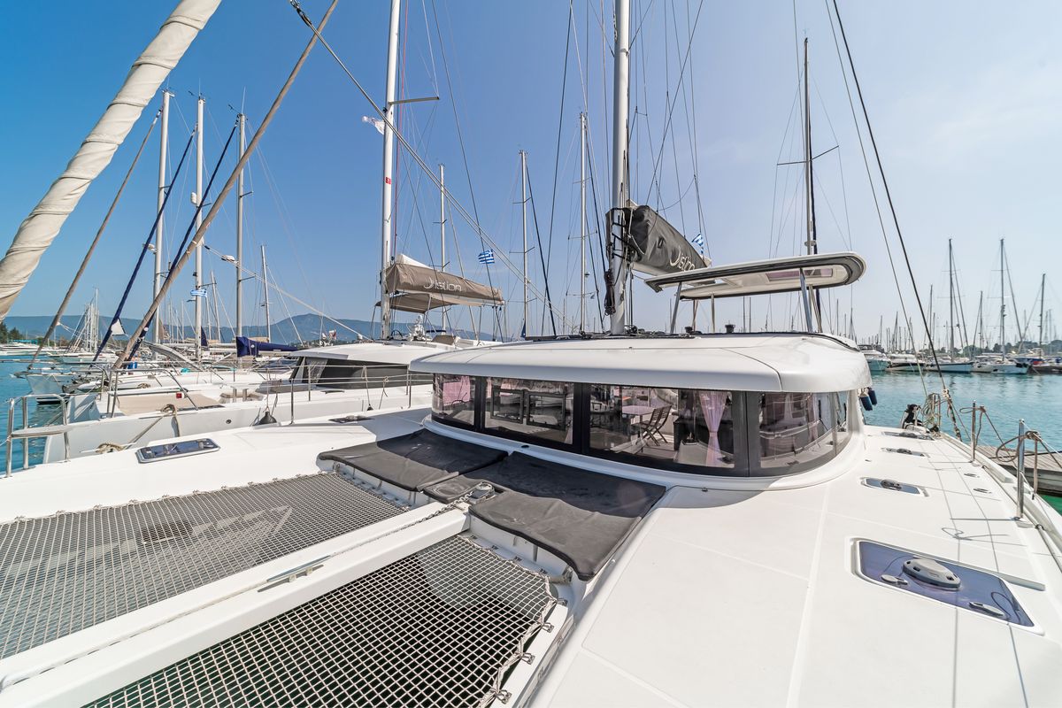 Deck of Equilibrium, a Lagoon 42 catamaran at Gouvia, Greece